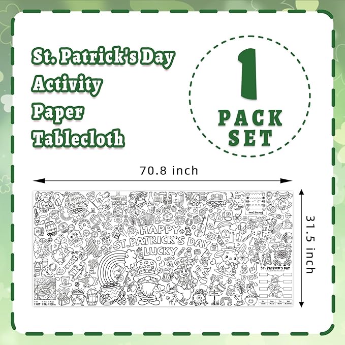 St. Patrick's Day Coloring Poster, 32 x 71 Inch Versatile Paper Coloring Tablecloth, St Pattys Day Crafts, Party Decorations