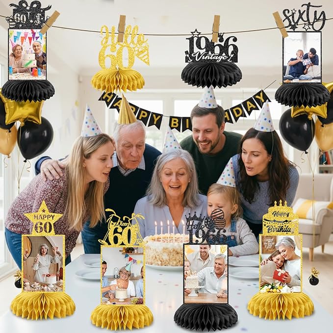 8Pcs 60th Birthday Decoration for Men Women 60th Birthday Centerpieces for Tables Cheers to 60 Years Birthday Honeycomb Decor Birthday Table Topper Black and Gold 60th Birthday Party Favors
