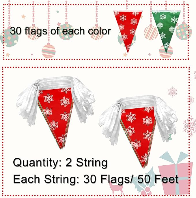 100 Feet Red Green Christmas Pennant Banner Flags String Triangle Bunting Garland with White Snowflakes for Christmas Tree Indoor Outdoor Shops Hanging Decoration,60 Pcs