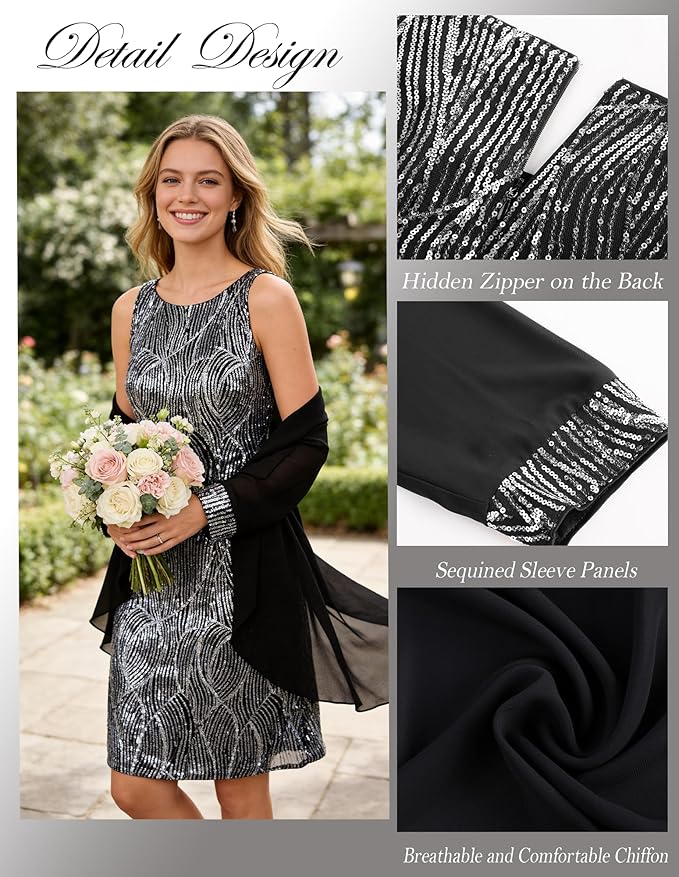 GRACE KARIN Women's Sequin Dress - Wedding Guest & Mother of The Bride Formal Dress - Two Piece Knee Length