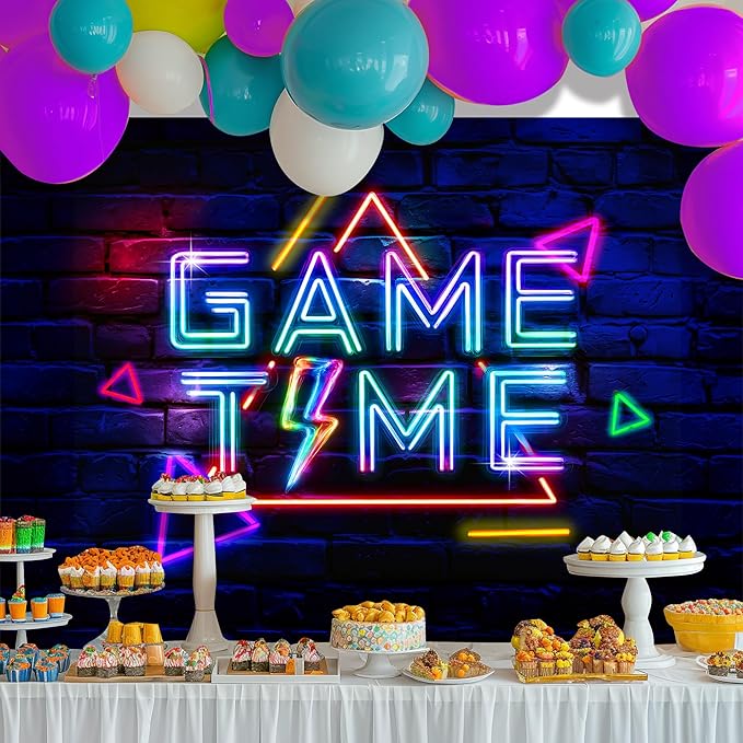 Imirell Neon Gaming Backdrop 7Wx5H Feet Coloful Video Games Gamer Teen Boys Birthday Photography Backgrounds Baby Shower Party Decorations Photo Shoot Playroom Decor Props Fabric