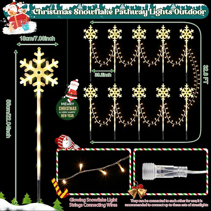 10 Pcs Christmas Snowflake Pathway Stake Lights for Outdoor Yard, 370 Bright LEDs Waterproof Large Christmas Snowflake Light Decoration for Garden Lawn Driveway Walkway Decor (Warm White)