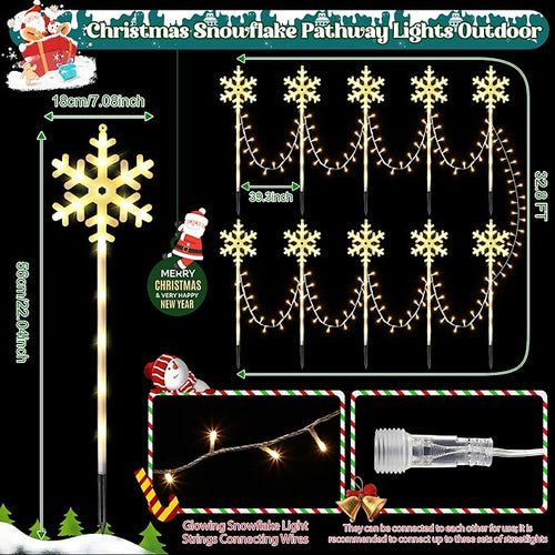 10 Pcs Christmas Snowflake Pathway Stake Lights for Outdoor Yard, 370 Bright LEDs Waterproof Large Christmas Snowflake Light Decoration for Garden Lawn Driveway Walkway Decor (Warm White)