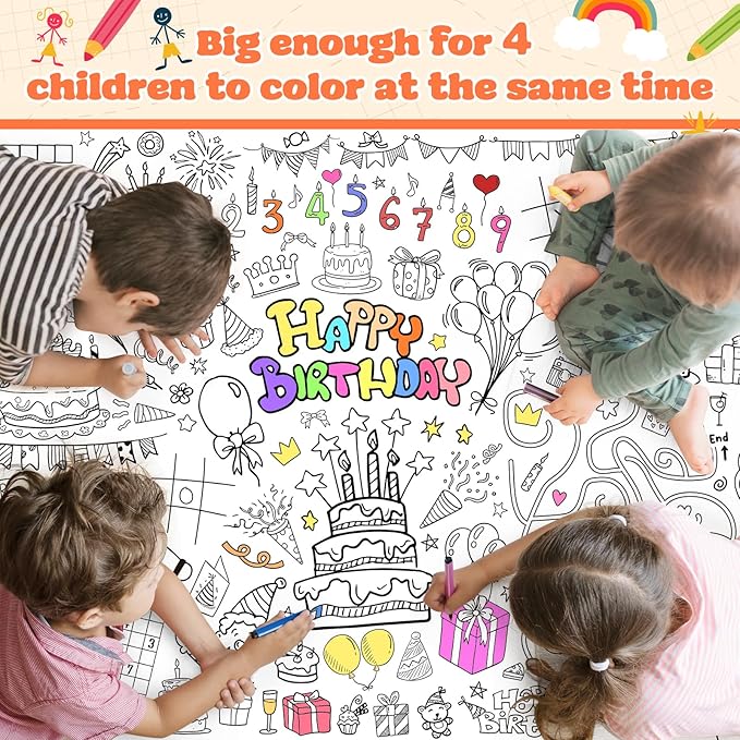 GWHOLE Happy Birthday Coloring Tablecloth, 40x28 Inch Coloring Poster Coloring Table Cloth for Kids Gift Birthday Parties, Classroom Activities