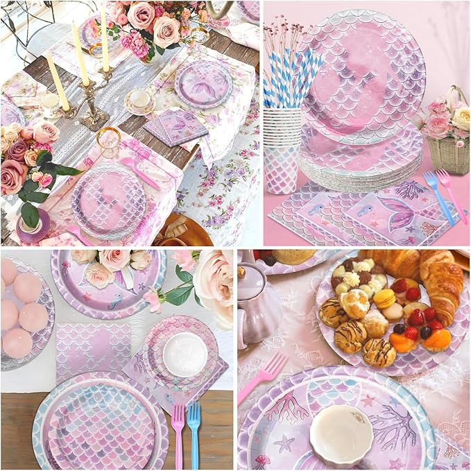 300Pcs Mermaid Plates and Napkins Tableware Sets (Serve 50), Mermaid Party Supplies (Blending 2 Designs ), Including Plates Napkins Cups Straws and Forks, Party Decorations