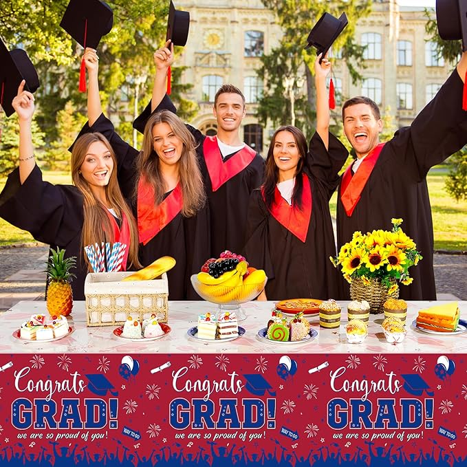 3 Pack Graduation Tablecloth Party Decorations, Class of 2026 Congrats Grad Plastic Tablecover Party Supplies, Red and Blue Rectangle Graduation Table Decor for College High School Party, 54 x 108Inch