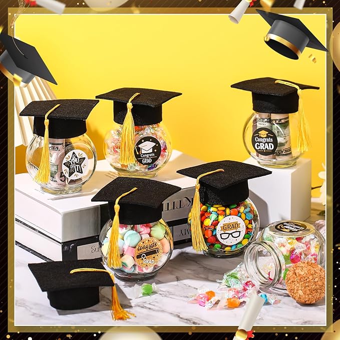 20 Sets Glass Graduation Cap Candy Jars Class of 2026 Graduation Party Decorations Candy Boxes Containers with Sticker for 2026 Grad Ceremony Party Supplies DIY(Black and Gold)