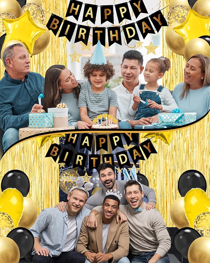 Black Gold Happy Birthday Party Decorations, Happy Birthday Banner, Black Gold Foil Heart Star Confetti Balloons Curtain Backdrop Hanging Swirls Party Decor for Boys Men