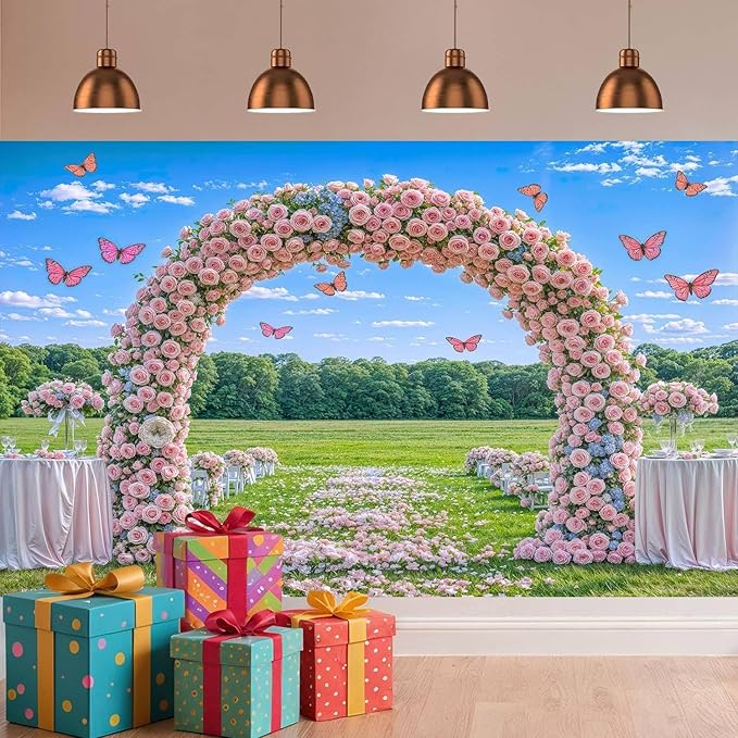 5X3ft Pink Lavender Wedding Backdrop Bridal Shower Rose Flower Photography Background Romantic Floral Garland for Girl Woman Wedding Bridal Party Backdrops Wall Photo Studio Shoot