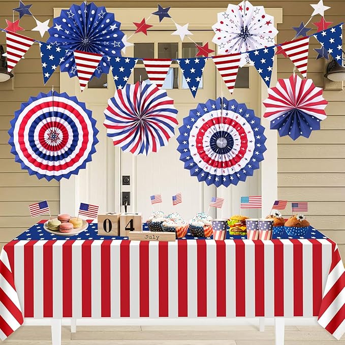 9PCS 4th of July Decorations Red White and Blue Paper Fans, USA Pennant Bunting, Star Streamers, Patriotic Tablecloth for Fourth of July Party Supplies, Memorial Day Veterans Day Patriotic Decor