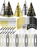 Wettarn 144 Pcs New Years Eve Party Supplies Happy New Year Cone Hats Black Silver and Gold Tiaras Squawkers Leis for 48 Guests Newyear Celebration Gift Party Favors Accessories