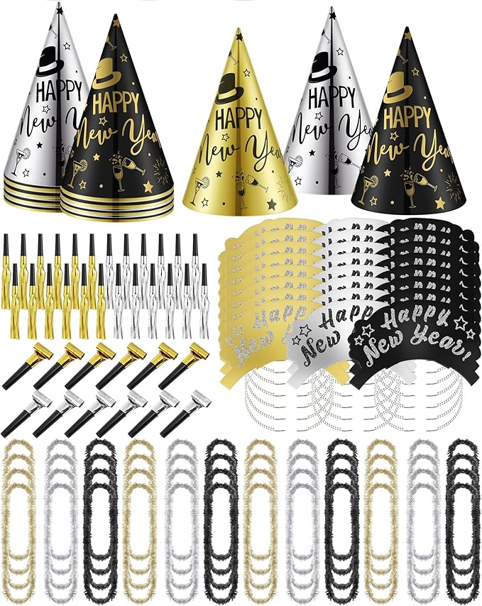 Wettarn 144 Pcs New Years Eve Party Supplies Happy New Year Cone Hats Black Silver and Gold Tiaras Squawkers Leis for 48 Guests Newyear Celebration Gift Party Favors Accessories