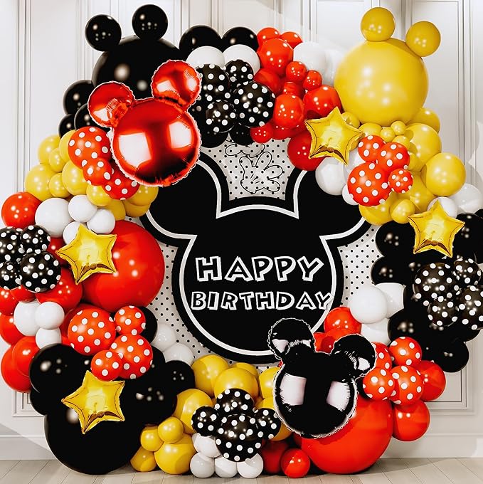 ALL-IN-1 Mickey Balloon Arch Kit with BONUS Mouse Heads & Gold Stars for Mouse Birthday Decorations - Mickey Balloons for Cartoon Mouse Clubhouse Birthday Decorations - Disney Balloons, Mickey Party