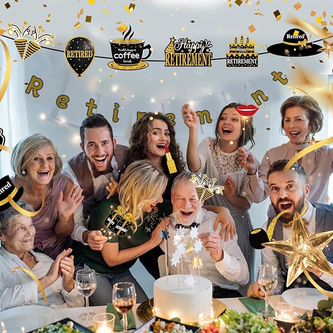 30Pcs Happy Retirement Party Decorations for Men Women, Black Gold Retirement Photo Booth Props, Cheers to Retirement Party Supplies, We Will Miss You Retirement Party Sign
