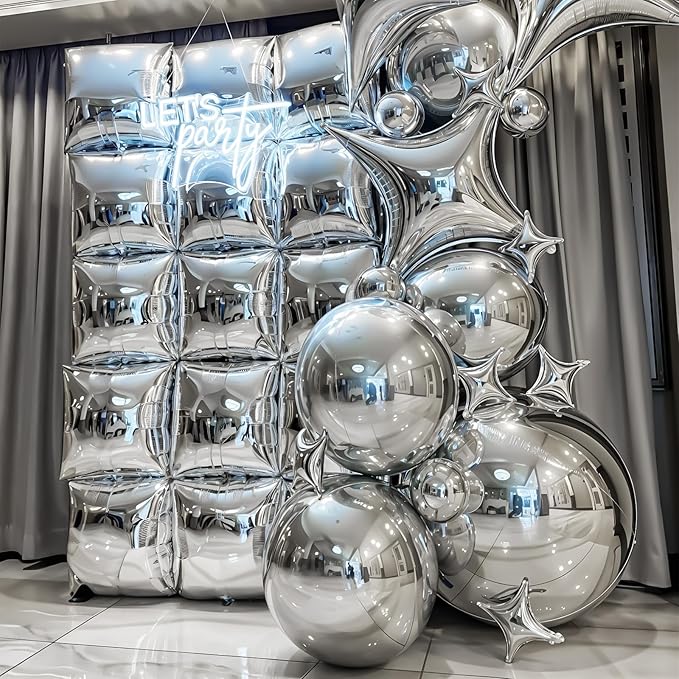 Silver Square Foil Balloon Wall,25Pcs Silver Balloons Backdrop Helium Balloon Tunnel Arch Garland Kit for Birthday Bridal Anniversary Baby Shower Party Decorations