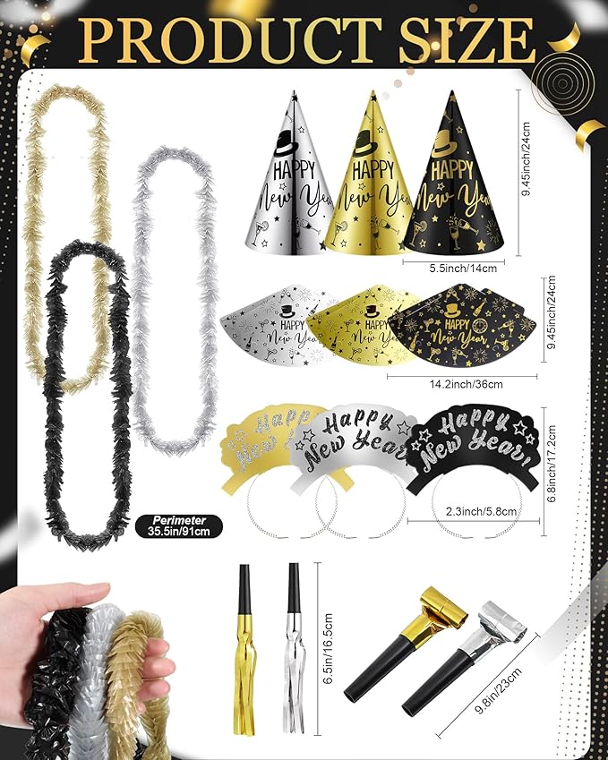 Wettarn 144 Pcs New Years Eve Party Supplies Happy New Year Cone Hats Black Silver and Gold Tiaras Squawkers Leis for 48 Guests Newyear Celebration Gift Party Favors Accessories