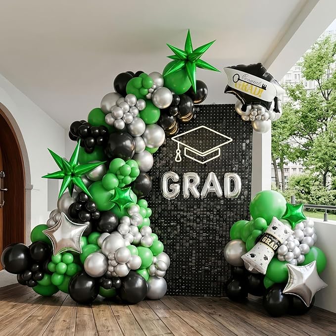 Black green and Silver Balloon Garland Arch Kit 130+ Pieces with green and Silver Stars, Graduation Certificate Graduation Cap GRAD Letters Mylar Balloons for 2025 Graduation Prom Decorations