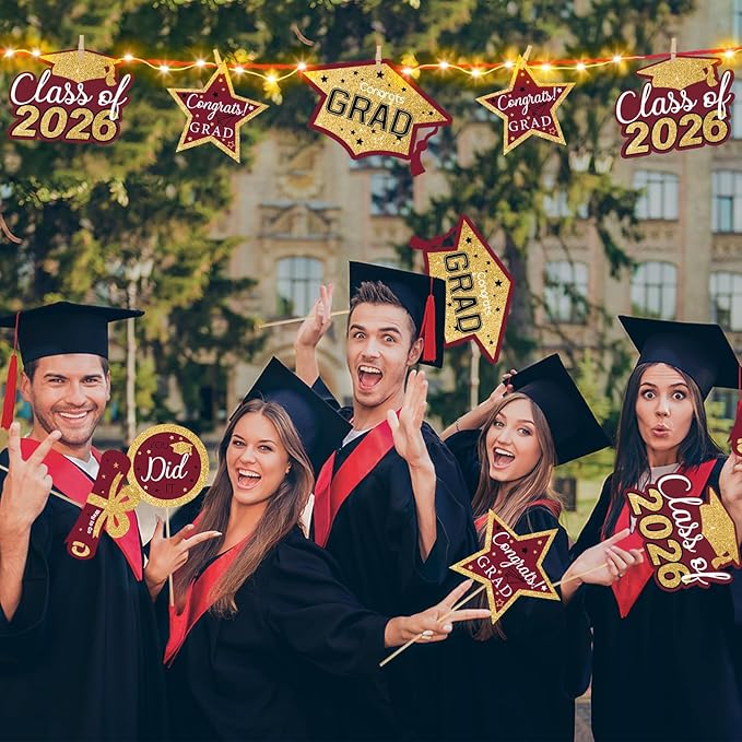 OuMuaMua Graduation Decorations Class of 2026-30pcs Maroon Gold Graduation Table Centerpieces Sticks Table Toppers with Lights for College High School Congrats Grad Party Supplies