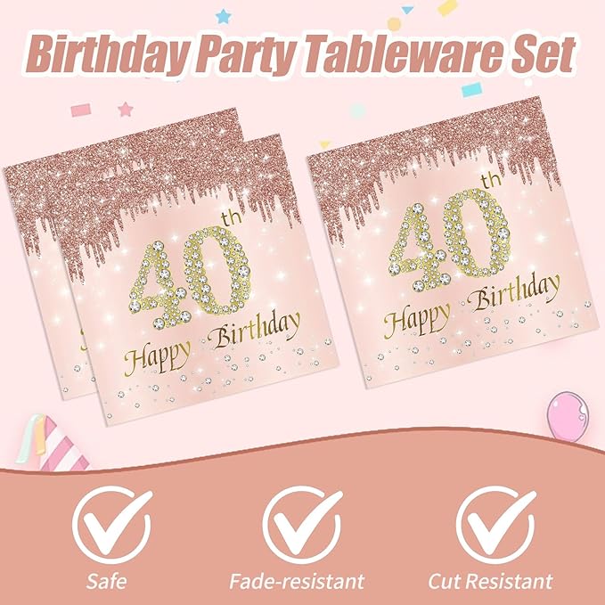 40th Rose Gold Birthday Plates and Napkins, 9 Inch Pink Rose Gold Disposable Dinner Dessert Plates Happy 40th Birthday Party Supplies Decorations for Girls Women