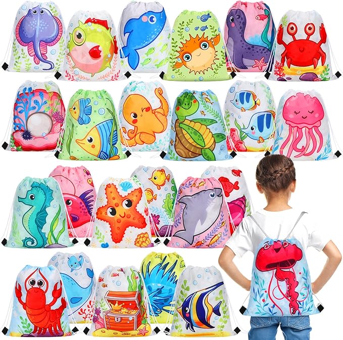 Marsui 24 Pcs Marine Animal Party Favor Drawstring Bags Gift Goodie Candy Favors Bags for Birthday Party Supplies