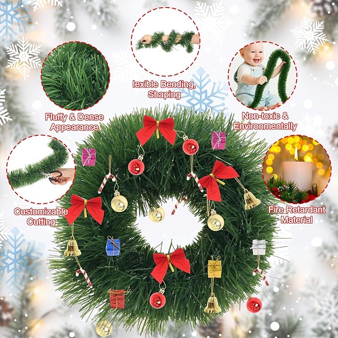 250FT Christmas Greenery Garland for Holiday Indoor Outdoor Decor, Non-Lit Soft Artificial Twist Garland with Red Bows Balls, Home Artificial Greenery for Christmas Wedding Party Decorations