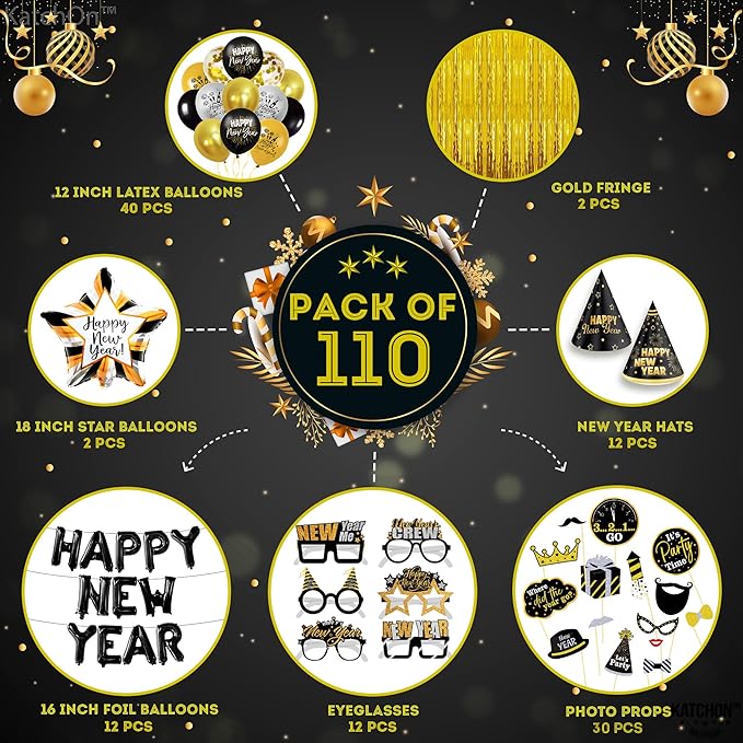 KatchOn, New Years Eve Party Supplies 2026 - Huge, Set of 110 | Black Happy New Year Balloon Banner | New Years Photo Booth Props, Gold Fringe Curtain Backdrop | NYE Decorations 2026