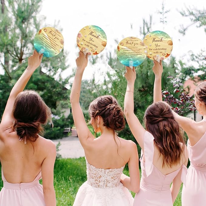 100 Pcs Wedding Hand Fans for Guests Bulk Decorative Plastic Handheld Wedding Favor Fans with Handle Thank You for Celebrating with Us for Ceremony Bridal Shower Party Decor(Beach)