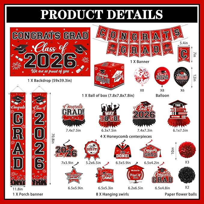 Graduation Decorations 2026 Red Party Decor Set with Congrats Grad Banner, Class of 2026 Backdrop, Balloons, Box & Streamers Supplies for High School & College Celebrations