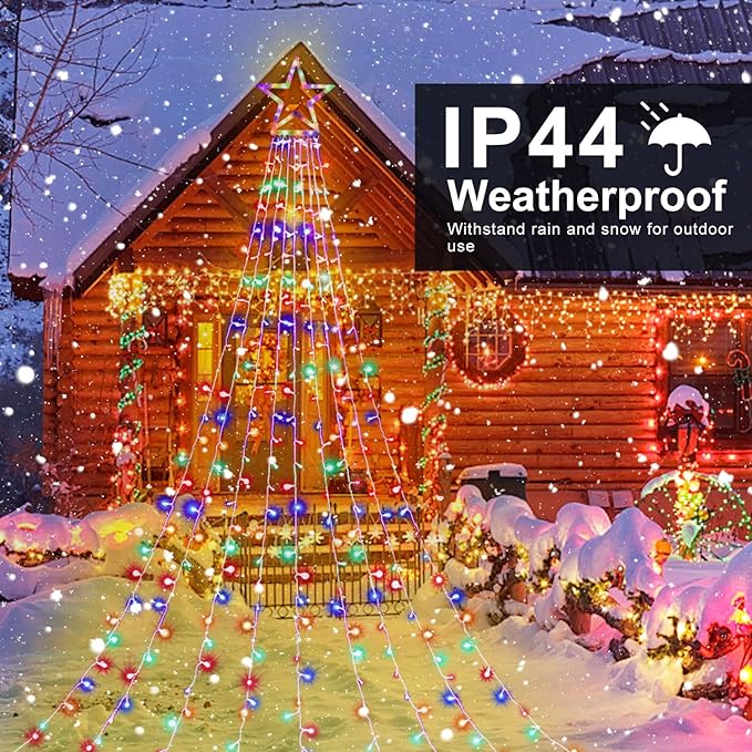 Christmas Decoration Star Lights, 320 LED 16.4Ft Outdoor Christmas Tree String Lights with Plastic Star Toppers [8 Modes& Waterproof] for Christmas New Year Holiday Birthday Decor (Multicolor)