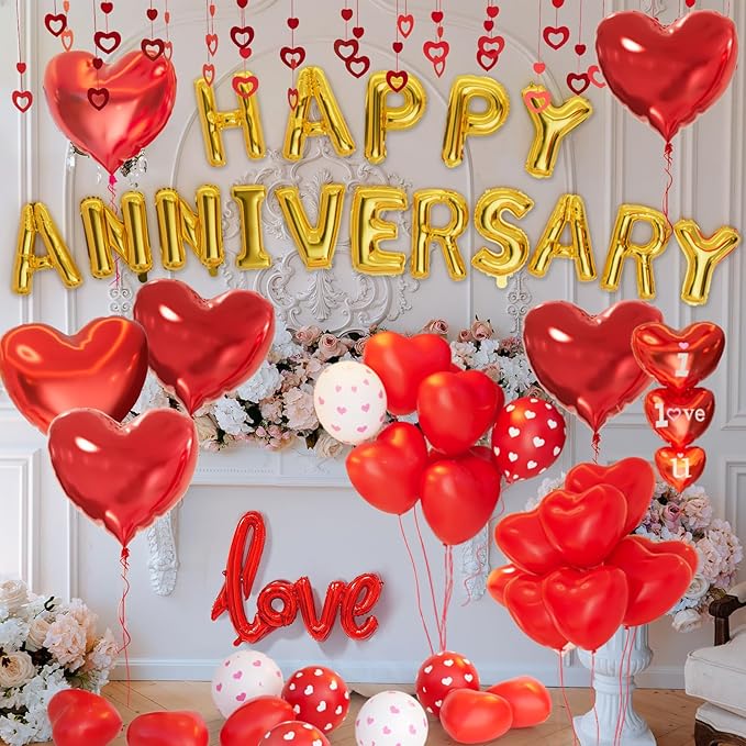 Happy Anniversary Decorations, Red Heart Balloons, Happy Anniversary Banner, Heart Hanging String, Rose Petals, Romantic Decor for Wedding, Valentines Day