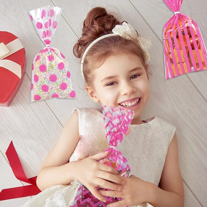 Aneco 100 Pack Pink Cellophane Bags 10.6 x 5.1 Inch Plastic Candy Bags Gift Bags Goodie Bags with Twist Ties for Valentine, Birthday, Gift Cookie Snack Packing Party Favor Supplies