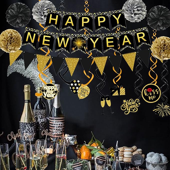 Famoby Happy New Year Banner Pom poms Triangle flag Swirls Garland Hanging Bunting for Happy New Year Party Decorations