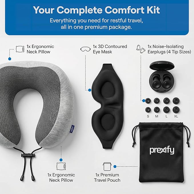 Must-Have Travel Kit Memory Foam Neck Pillow with Adjustable Fit & Removable Cover, 100% Light-Blocking Eye Mask, Reusable Noise-Reducing Earplugs, & Storage Bag Perfect Travel Essentials Set