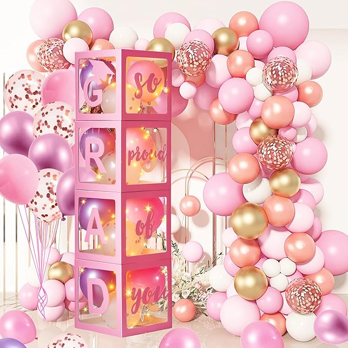 AYGXU Graduation decorations class of 2026 pink- Graduation Decorations, Balloons Box (4PCS) with letters&balloons,2026 balloons,LED String Light,graduation party decorations