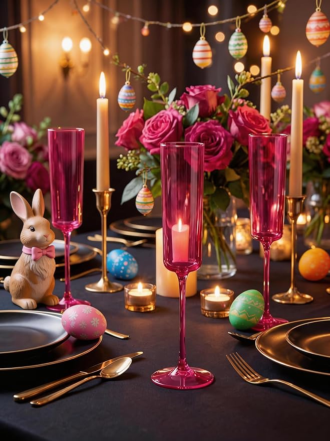 Ciaell 24 Pack Plastic Champagne Flutes - Hot Pink 6 Oz Disposable Champagne Glasses - Square Plastic Toasting Glasses for Party Birthday Anniversary Wedding & Easter