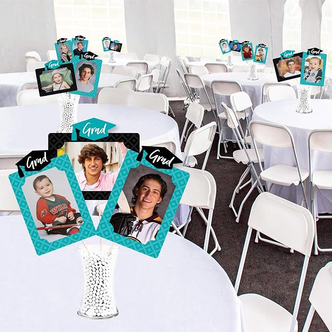 Big Dot of Happiness Teal Graduation Photo Display Centerpiece Kit - 15 Double-Sided Photo Table Topper Sticks, Vertical and Horizontal 4x6 Picture Holders, DIY Party Decoration Set
