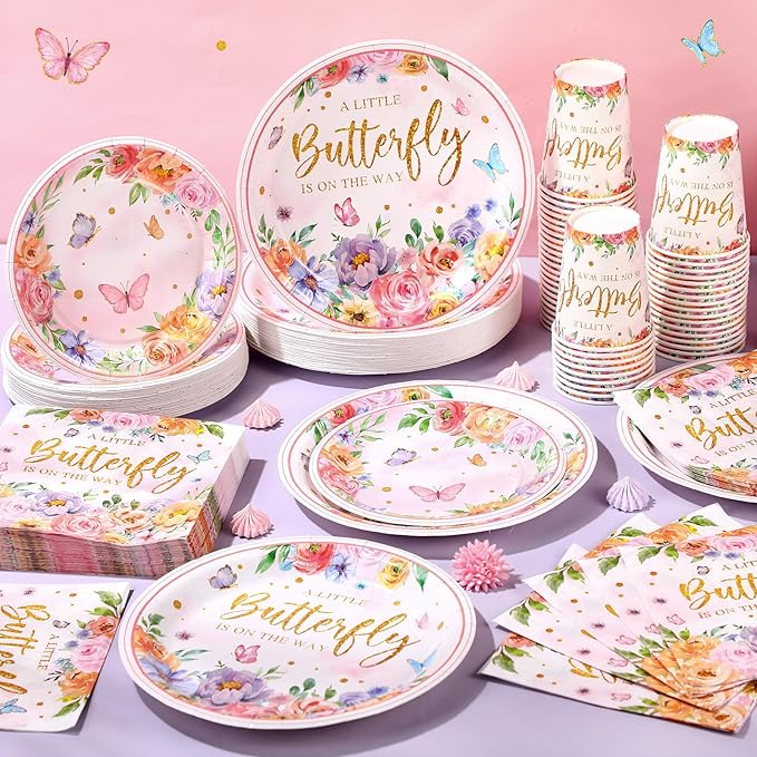 250 Pcs Butterfly Baby Shower Party Tableware Set a Little Butterfly Is on the Way Baby Shower Decorations Pink Purple Floral Paper Plates Napkins and Cups for 50 Guest (Fresh Style)