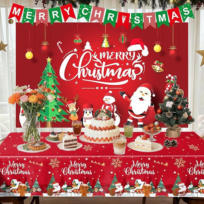 Christmas Party Decorations, Balloon Arch Garland Kit for Kids with Green Red Balloons, Merry Christmas Backdrop Banner Tablecloths Hanging Swirls Pendant for XMAS Decorations Supplies