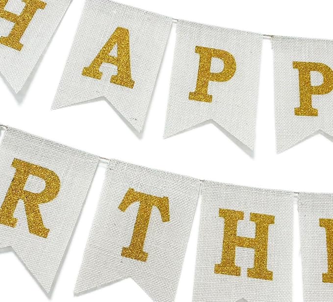 Happy Birthday Banner, Pre-Strung Burlap Happy Birthday Sign Garland, White and Gold Birthday Decorations for Girl Men Women
