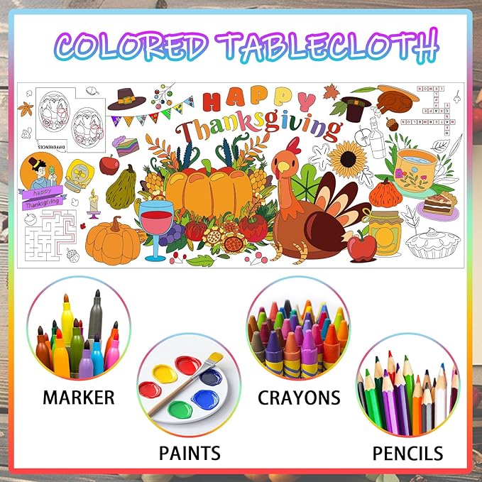 Thanksgiving Giant Coloring Poster,72 x 30 Inches Large Fall Thanksgiving Tablecloth/Banner for Kids DIY Coloring Tablecovers Gifts Turkey Pumpkin Fruits Fall School Classroom Home Party Supplies