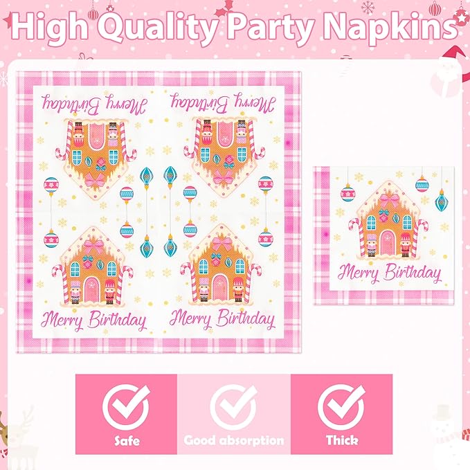 Merry Birthday Christmas Xmas Pink Village Houses Candy Party Plate Supplies - Serves 24-96Pcs Party Tableware Decoration Disposable Paper Plate Napkin Fork for Winter Holiday Birthday