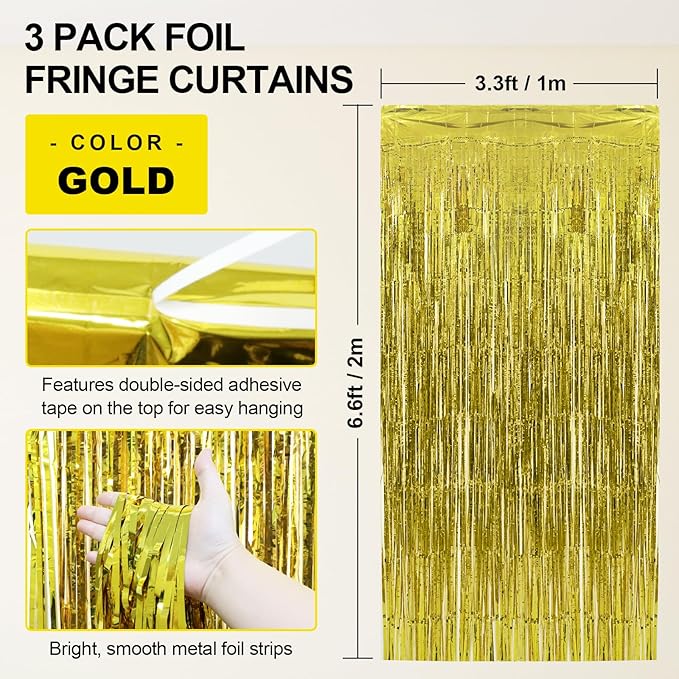 Homiest 3 Pack Gold Tinsel Backdrop, 3.3x6.6 FT Metallic Tinsel Foil Fringe Curtains Party Decorations, Birthday Door Streamers for Baby Shower Wedding, Photo Booth Props Background Wall Decor