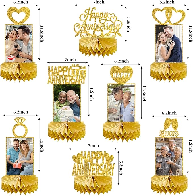 8Pcs Gold Happy Wedding Anniversary Decorations Honeycomb Centerpiece, Gold Glitter Anniversary Photo Table Centerpiece Party Supplies, 25th 30th 40th 50th 60th Gold Anniversary Table Topper