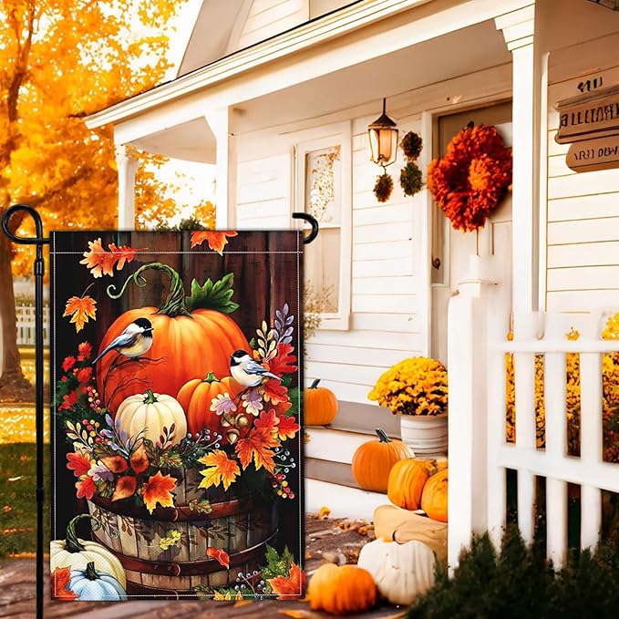 Fall Garden Flag Thanksgiving Halloween Pumpkin Yard Garden Flags for Outside 12×18 Inch Double Sided 3Ply Polyester Small Autumn Welcome Garden Flag Outdoor Decorations