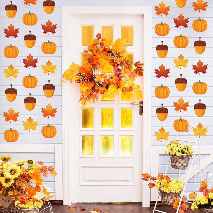 Xinnun 8 Pcs Fall Hanging Decorations Thanksgiving Ceiling Hanging Decor Fall Maple Leaf Pumpkin Acorn Paper Banner Autumn Garland Backdrop for Thanksgiving Party Indoor Outdoor Wall Door Decor