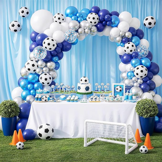 Soccer Balloon Arch Garland Kit, Soccer Party Decorations Blue White Silver Balloons Garland with Soccer Print Balloons for Kids Boys Men Sports Theme Birthday Party Decorations