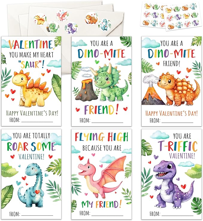 Pawzity 36 Packs Valentines Day Cards for Kids - Dinosaur Valentines Day Card for Kids Classroom School Party Favors, Boys, Girls, Toddlers - 3.2''x 4.7'' Dino Cards Exchange & Envelopes, Stickers