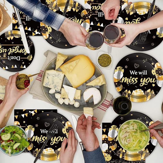 96pcs We Will Miss You Party Paper Plates Napkins Farewell Party Decoration Going Away Party Disposable Dinner Tableware Gold Black Goodbye Party Supplies Graduation Leaving Retirement Party 24 Guests
