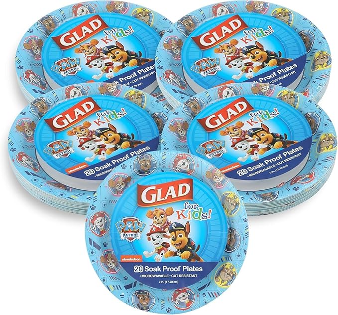 Glad for Kids Paw Patrol Disposable Paper Plates, Heavy Duty Soak Proof Microwavable Kids Plates for Parties, Birthdays, and Everyday Meals, Core Pups Blue, 7 Inch, 20 Count - 5 Pack