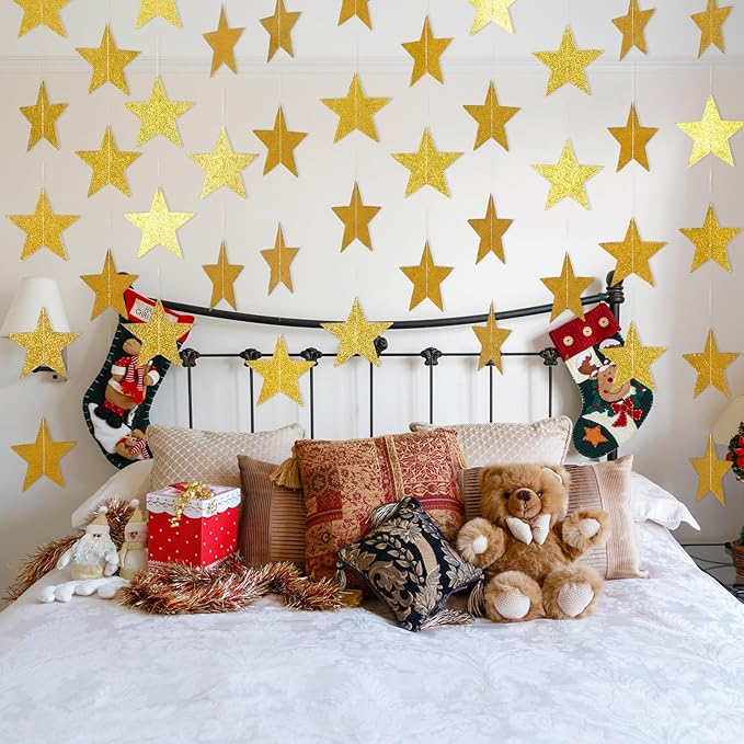 Spakon 65 Feet Glitter Star Paper Garland Banner Hanging Decoration Star Streamers Double Side 2026 Graduation Decorations for Wedding Birthday Festival New Year Party Decoration(Glitter Gold)